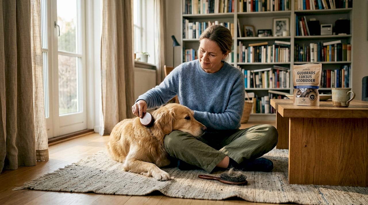 En hundeejer sidder i den lyse stue og giver hunden en grundig børstetur.