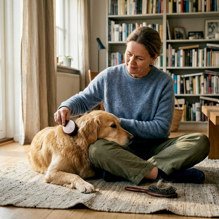 En hundeejer sidder i den lyse stue og giver hunden en grundig børstetur.