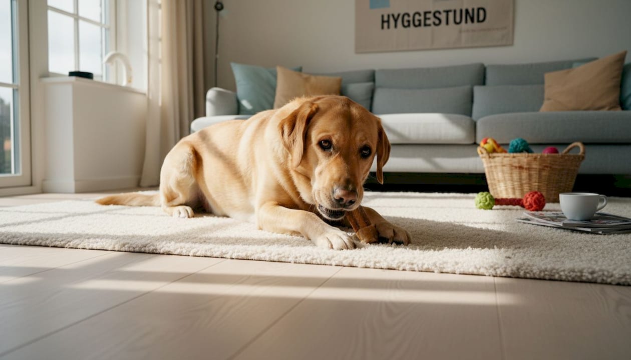 En labrador hygger sig med et tyggeben i stuen hjemme hos familien.