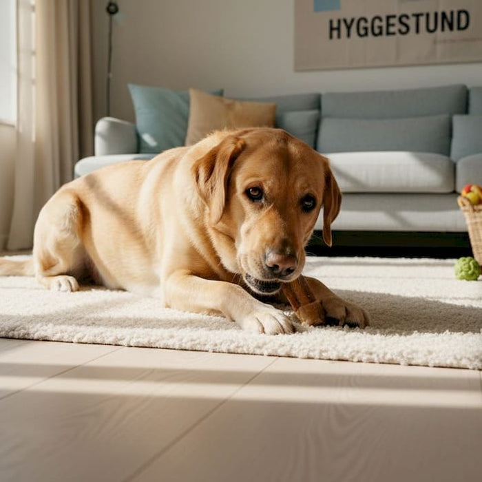 En labrador hygger sig med et tyggeben i stuen hjemme hos familien.