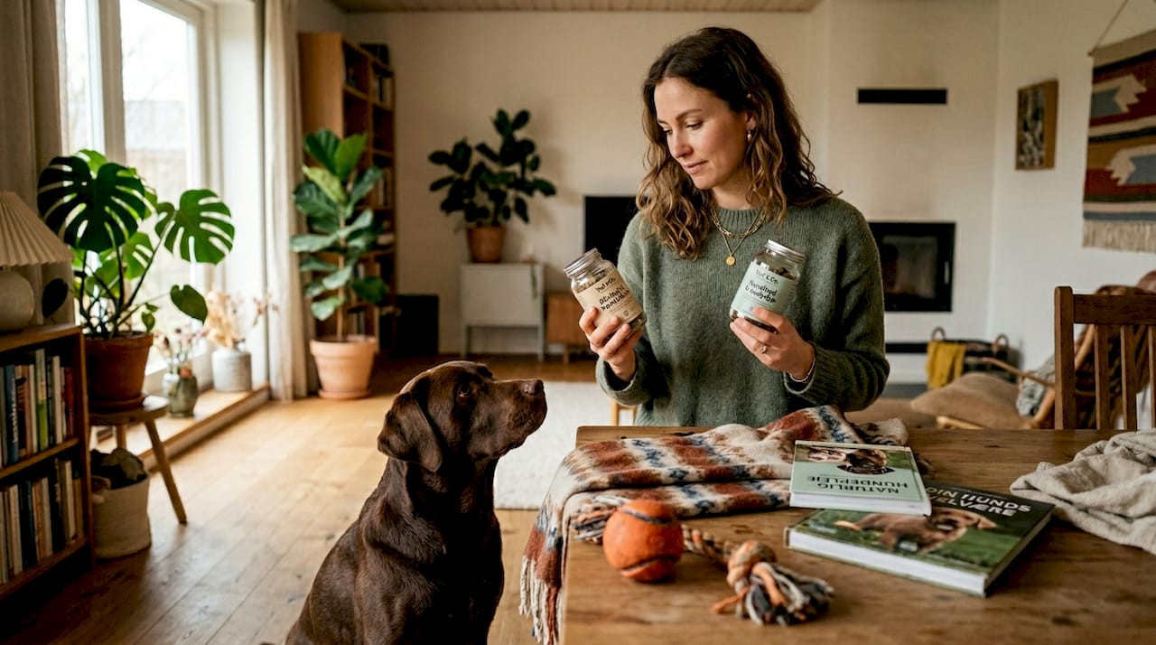 En hundeejer sidder ved køkkenbordet og sammenligner forskellige kosttilskud til sin hund.