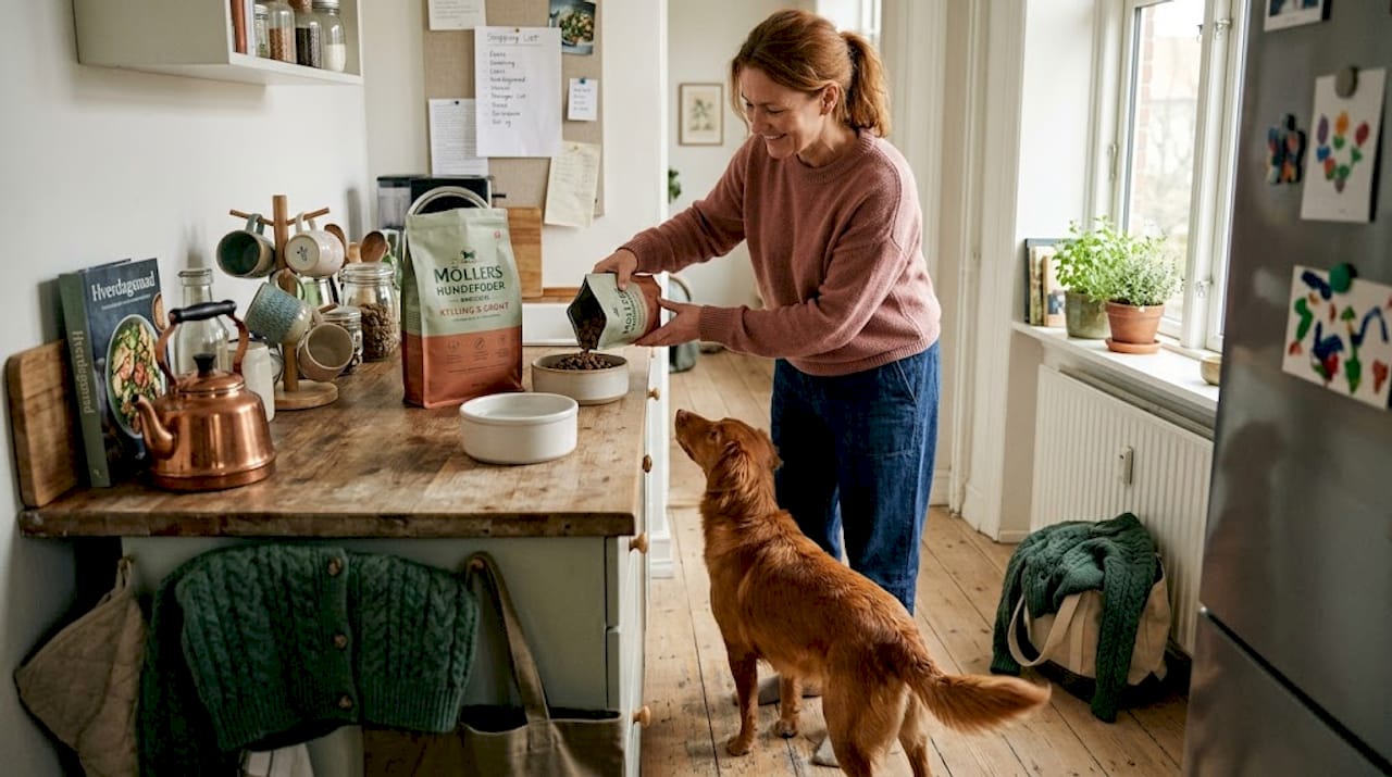 En kvinde står i køkkenet og giver sin hund mad på helt afslappet vis.