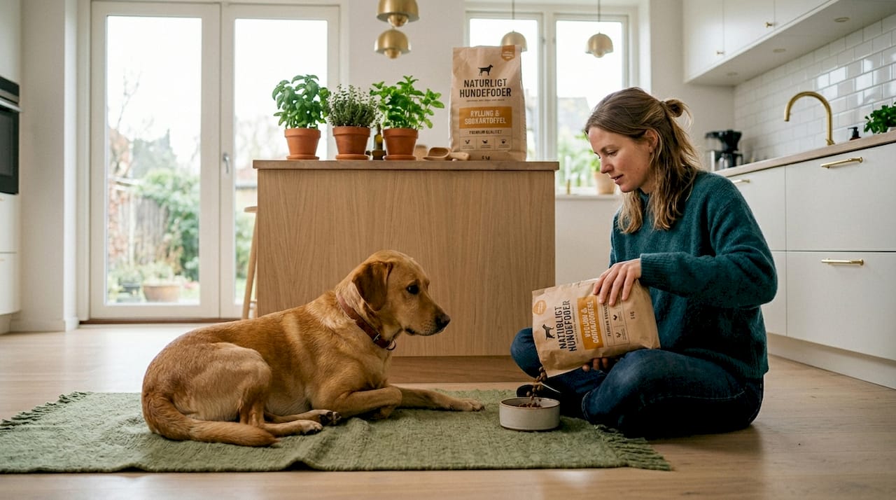 En hund og dens ejer nyder morgensolen i køkkenet, mens der bliver hældt foder op i madskålen.