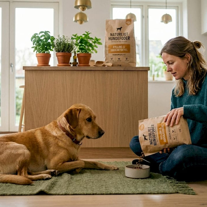 En hund og dens ejer nyder morgensolen i køkkenet, mens der bliver hældt foder op i madskålen.