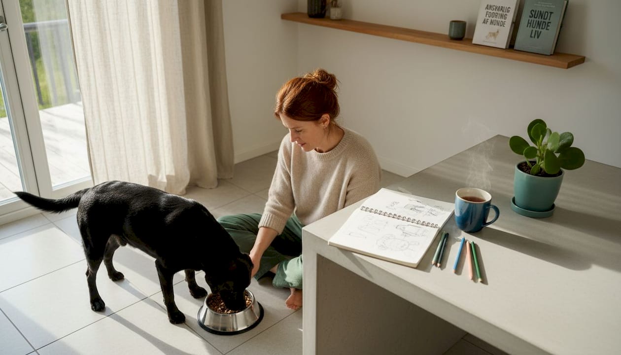 Ejeren holder øje med hunden, mens den spiser ved madskålen.