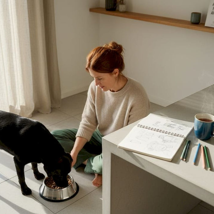 Ejeren holder øje med hunden, mens den spiser ved madskålen.