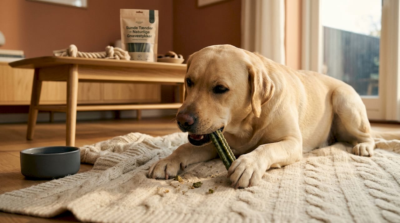 Hunden ligger i stuen og gumler på en tandrensende godbid.