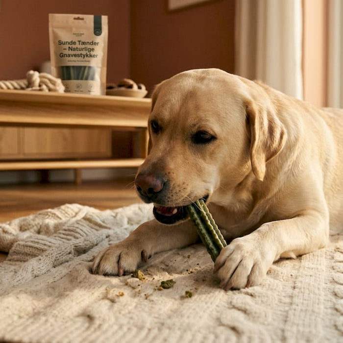 Hunden ligger i stuen og gumler på en tandrensende godbid.