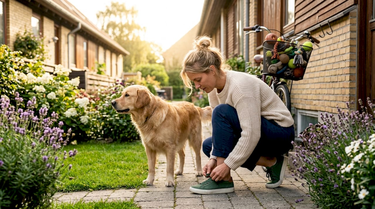 En dansk kvinde pakker hundesnoren og gør sig klar til at tage hunden med ud på en tur.