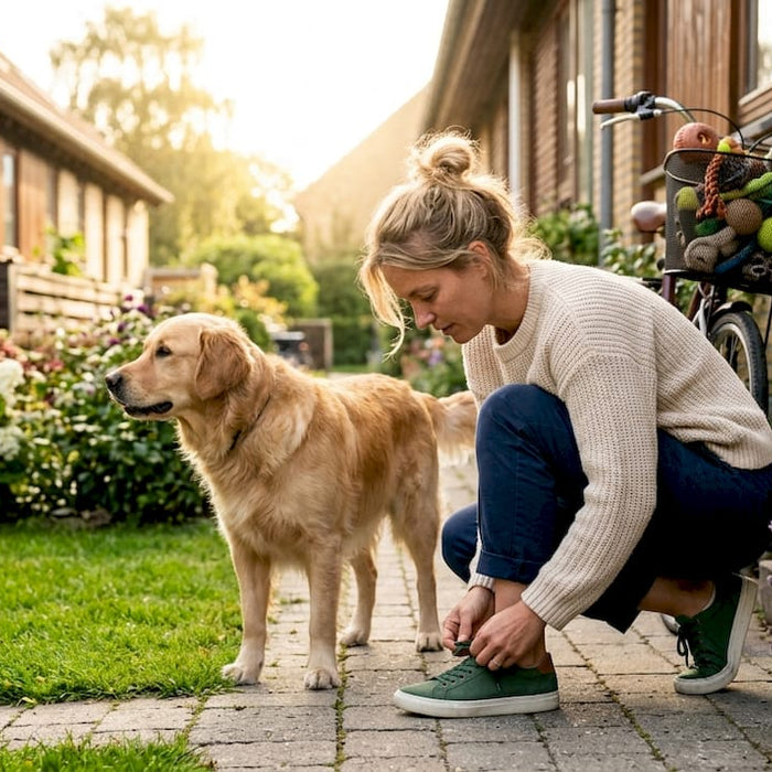 En dansk kvinde pakker hundesnoren og gør sig klar til at tage hunden med ud på en tur.