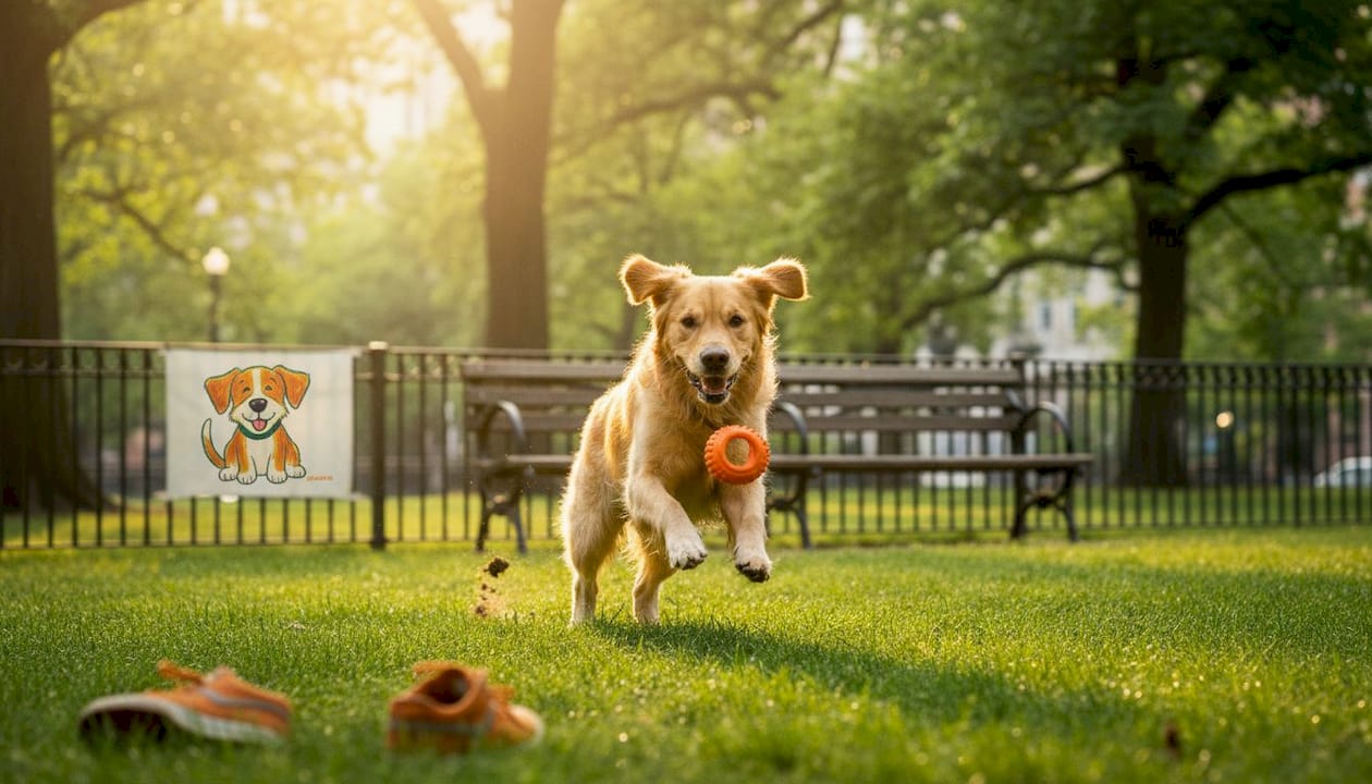 En glad hund spæner efter sit yndlingslegetøj i den lokale park, omgivet af grønne plæner og rolige villakvarterer.