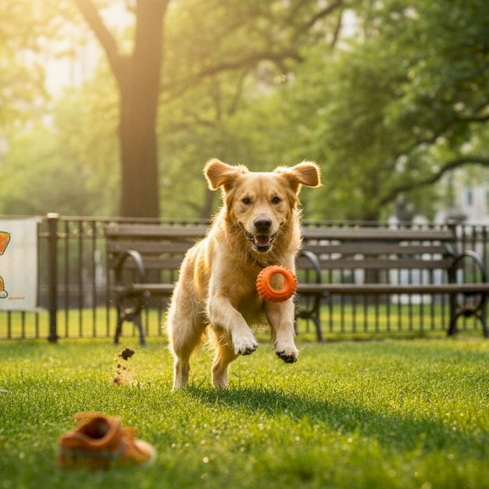En glad hund spæner efter sit yndlingslegetøj i den lokale park, omgivet af grønne plæner og rolige villakvarterer.