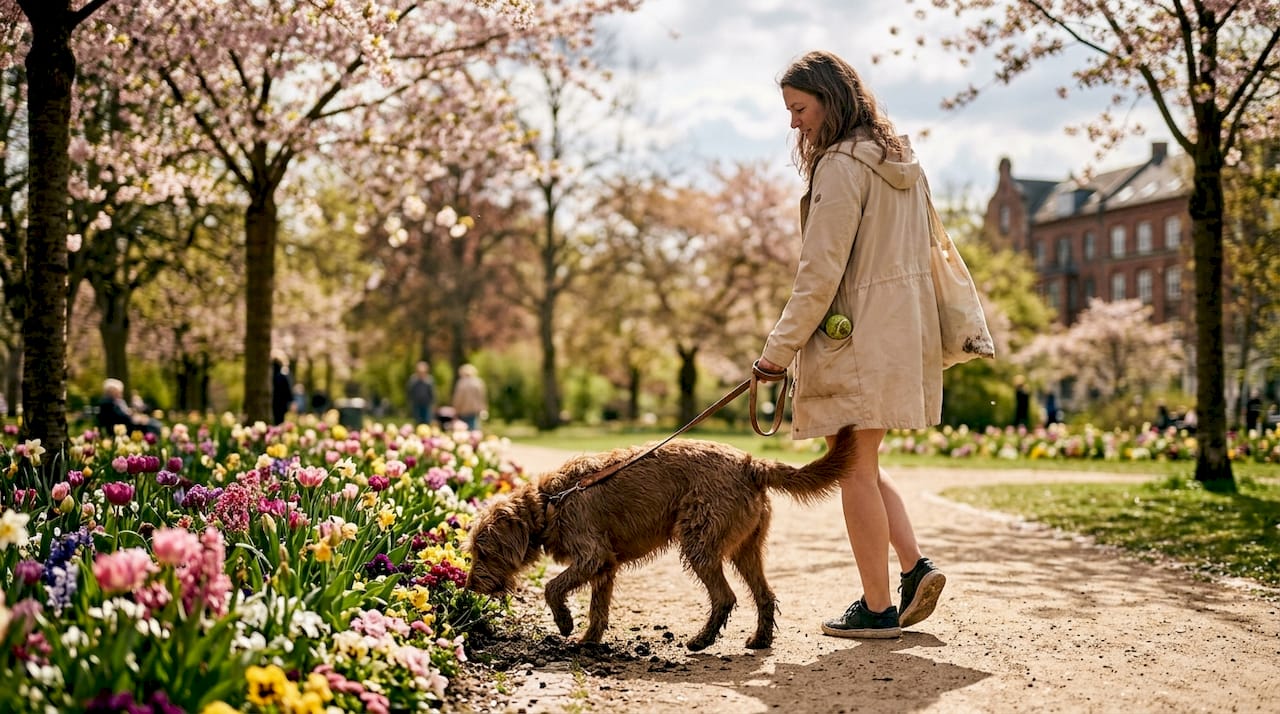 En kvinde går tur med sin hund i en park et sted i Danmark.