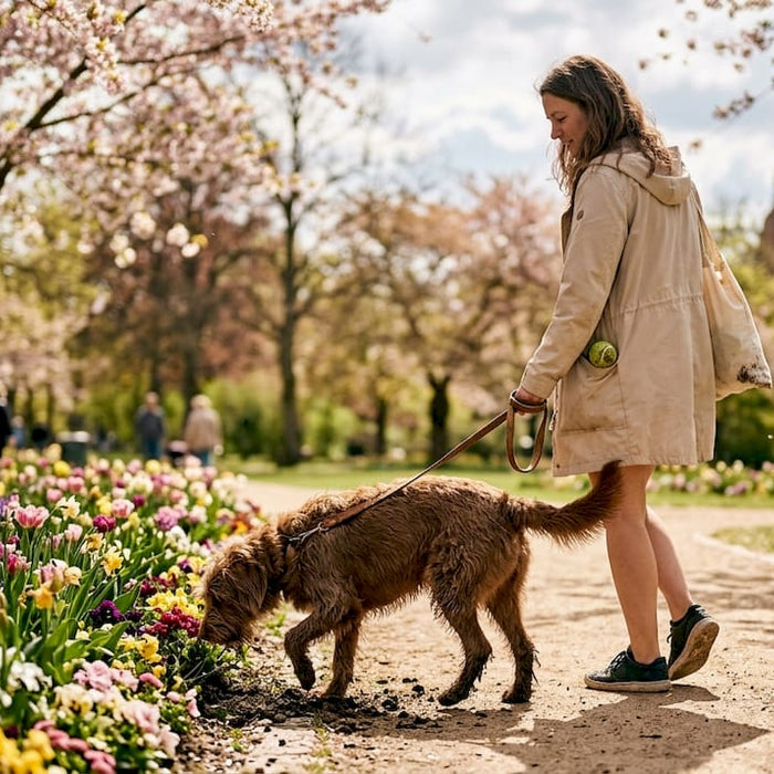 En kvinde går tur med sin hund i en park et sted i Danmark.