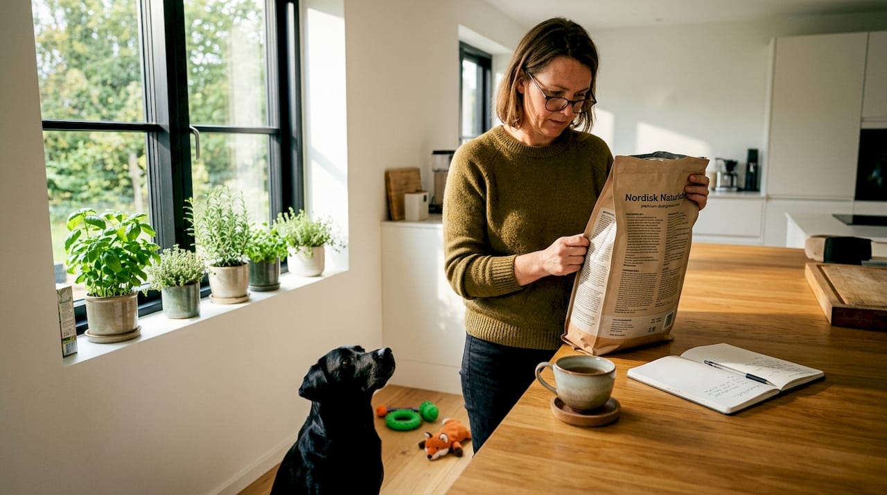 En kvinde står i køkkenet og læser på ingredienslisten til hundemaden.