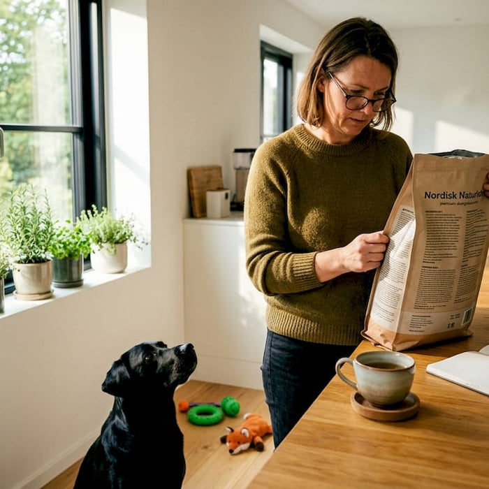 En kvinde står i køkkenet og læser på ingredienslisten til hundemaden.
