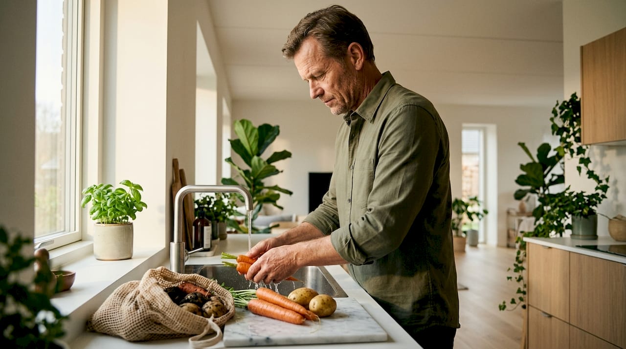 En mand står i køkkenet og skyller friske danske grøntsager.