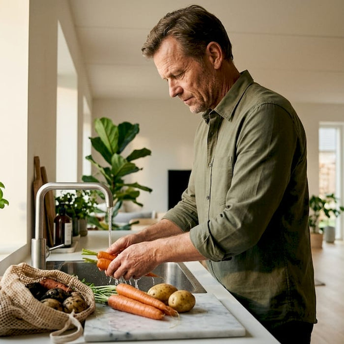 En mand står i køkkenet og skyller friske danske grøntsager.