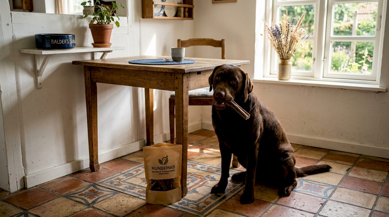 Vores labrador hygger sig derhjemme med tandrensende tyggeben.