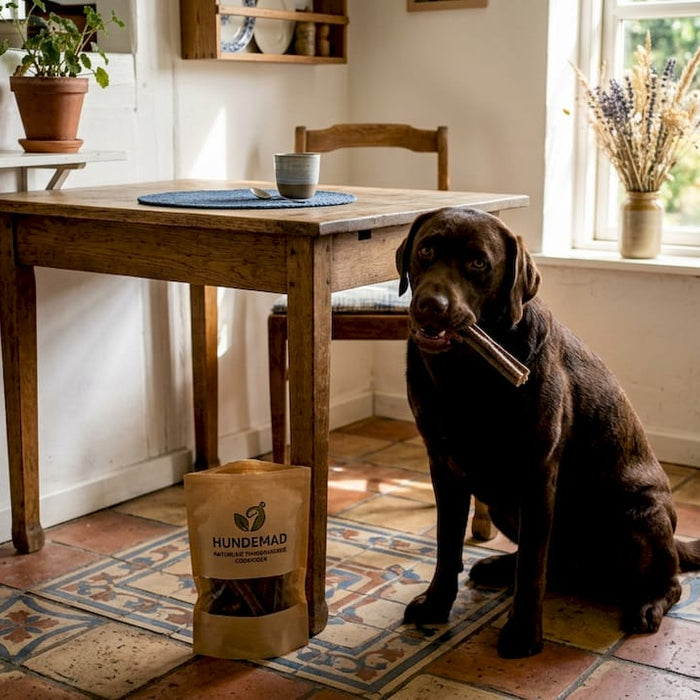 Vores labrador hygger sig derhjemme med tandrensende tyggeben.