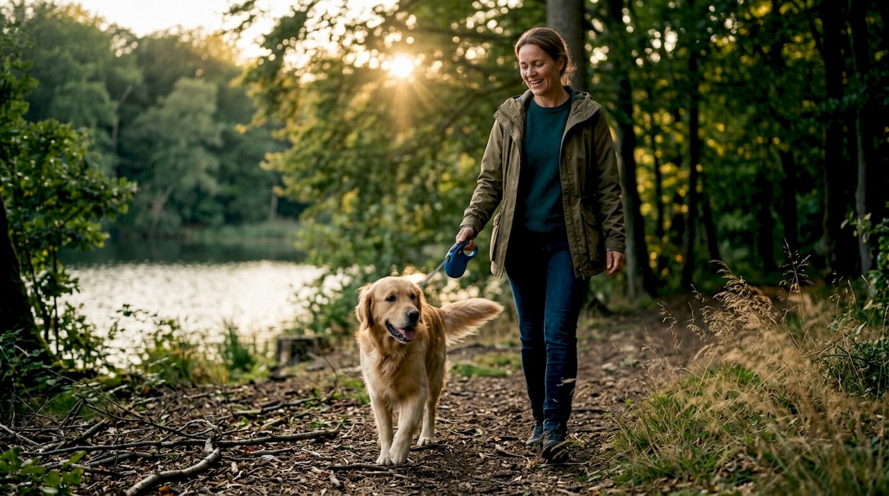 En kvinde går tur med sin glade hund i parken