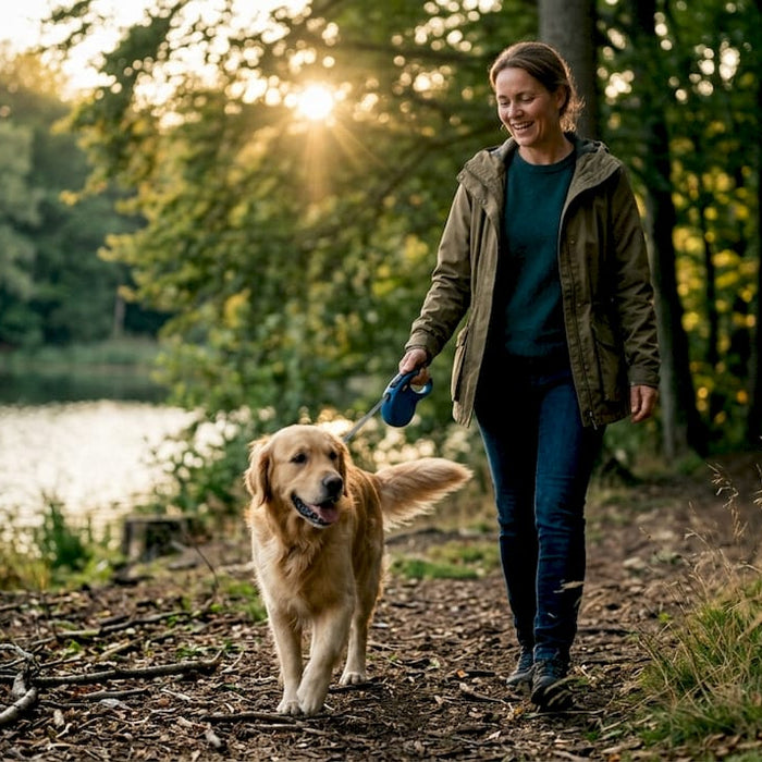 En kvinde går tur med sin glade hund i parken