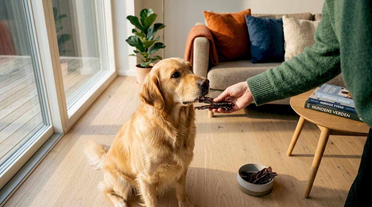 En glad golden retriever får en lækker tørret oksekødsgodbid