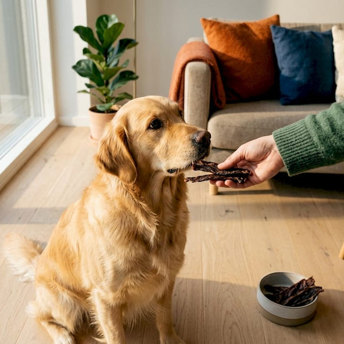 En glad golden retriever får en lækker tørret oksekødsgodbid