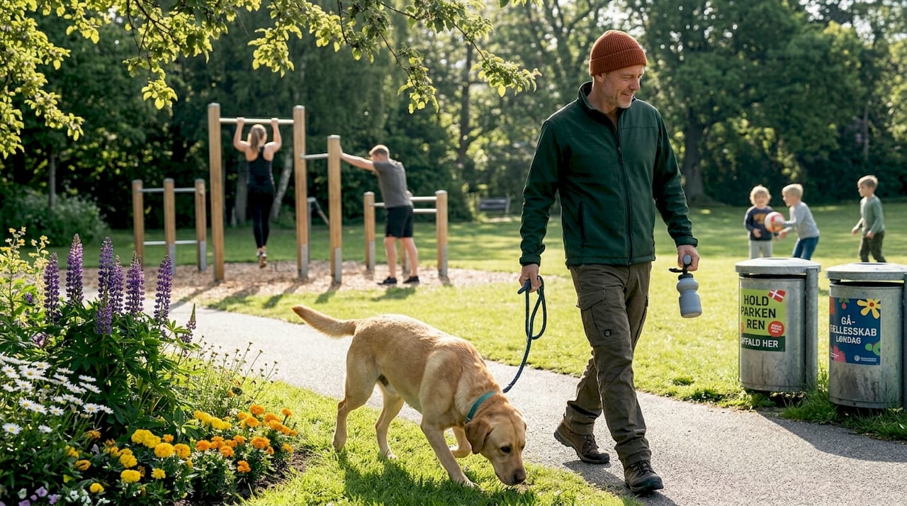 En hundeejer lufter sin labrador i parken en tidlig morgen.