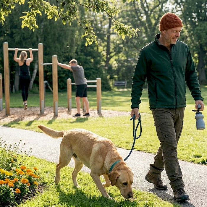 En hundeejer lufter sin labrador i parken en tidlig morgen.