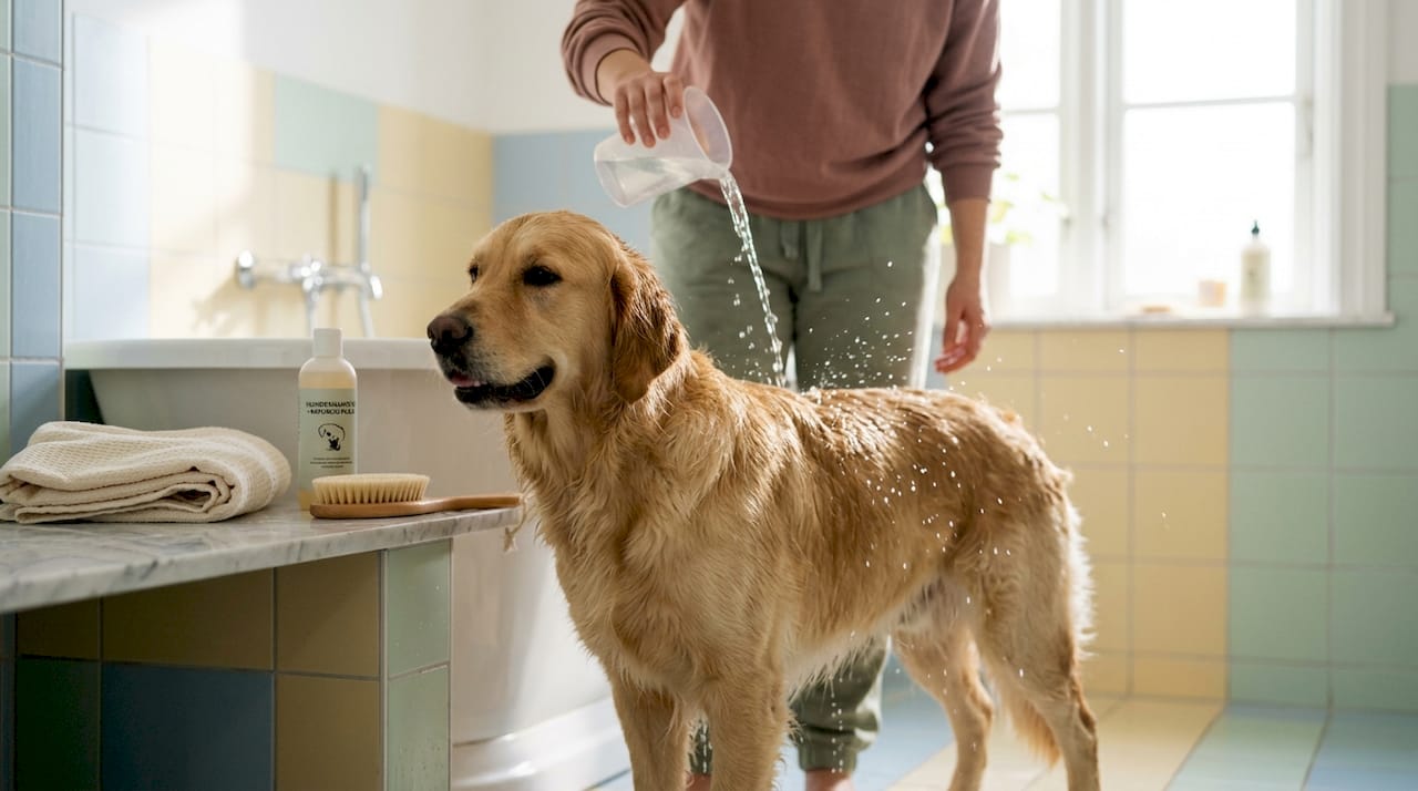 En golden retriever nyder et stille og roligt bad, helt afslappet og veltilpas.