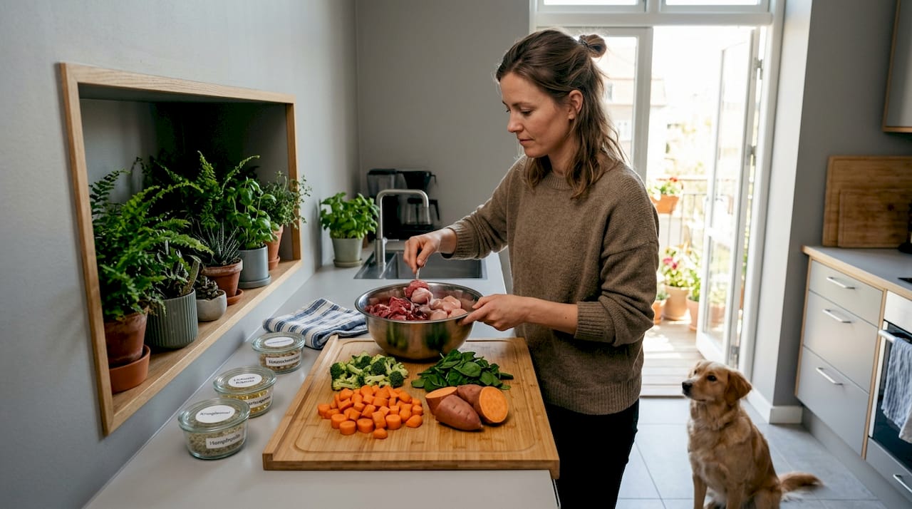 En kvinde står i køkkenet og laver en sund og afbalanceret råkost til sin hund.