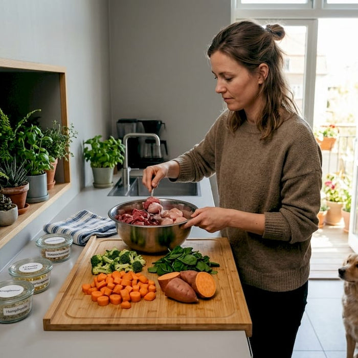 En kvinde står i køkkenet og laver en sund og afbalanceret råkost til sin hund.
