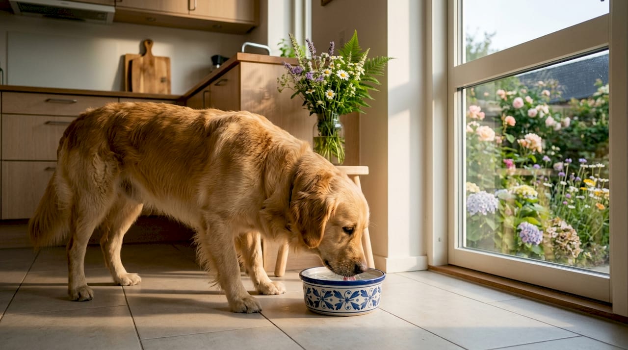 En golden retriever står og drikker vand fra sin vandskål derhjemme.