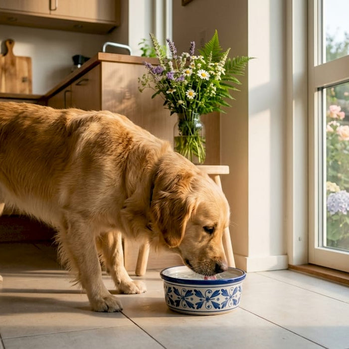 En golden retriever står og drikker vand fra sin vandskål derhjemme.