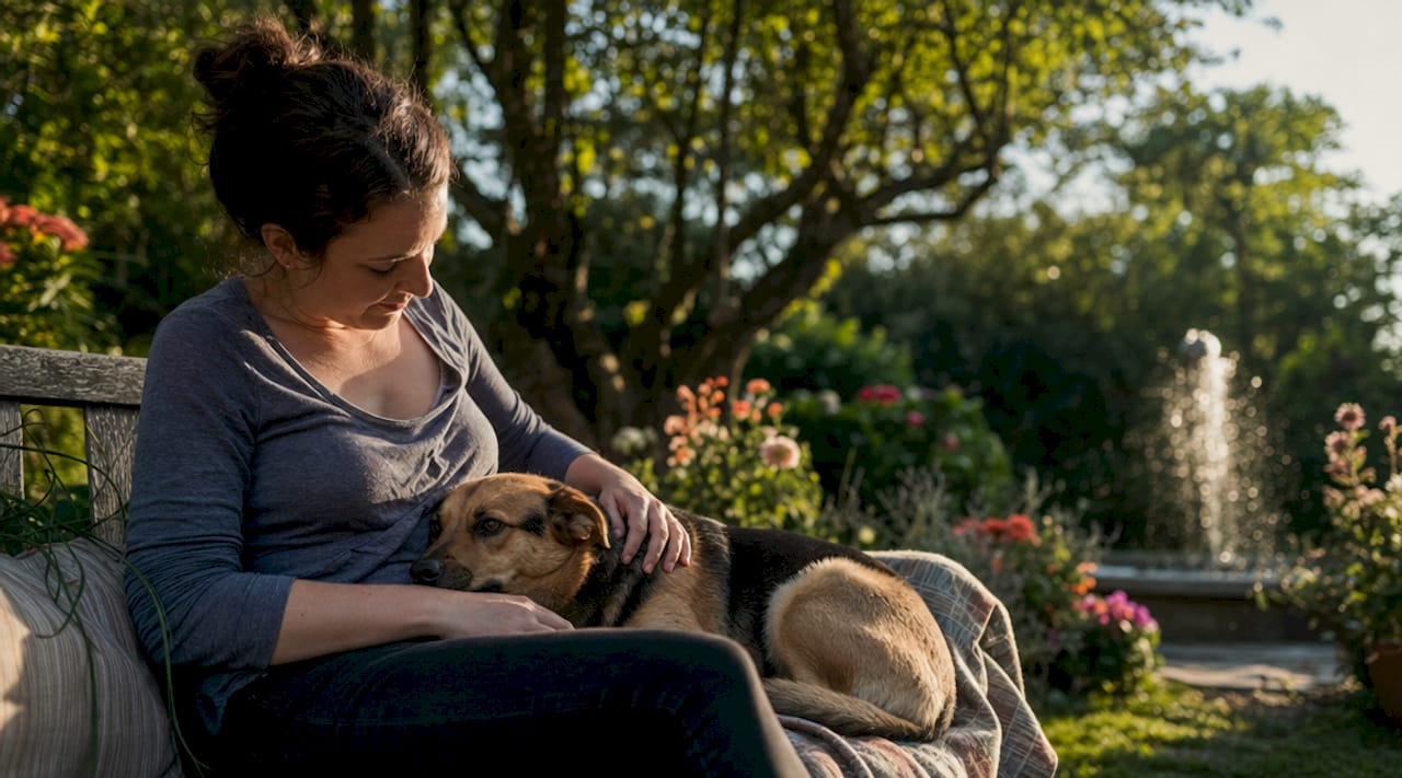 En kvinde sidder i stuen og kæler for sin nervøse hund for at få den til at slappe af.