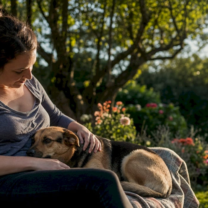 En kvinde sidder i stuen og kæler for sin nervøse hund for at få den til at slappe af.