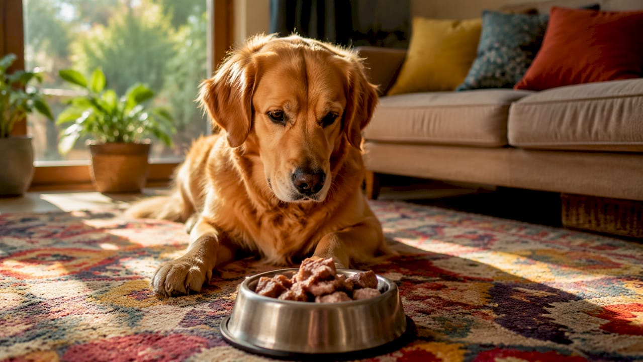 En golden retriever nyder sin madskål med hundefoder baseret på én proteinkilde.