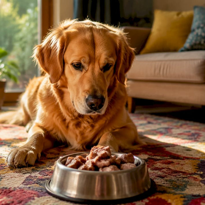 En golden retriever nyder sin madskål med hundefoder baseret på én proteinkilde.