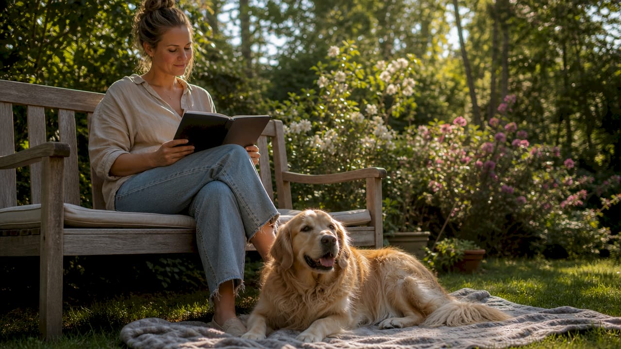 En kvinde hygger sig sammen med sin hund i stuen derhjemme.