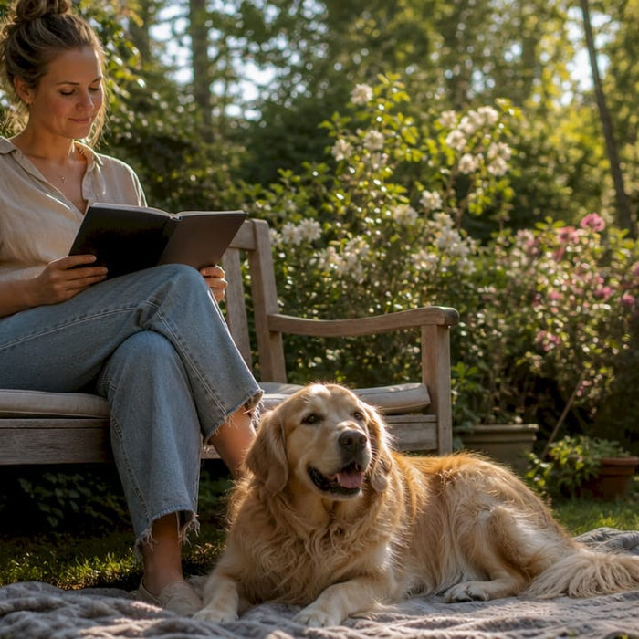 En kvinde hygger sig sammen med sin hund i stuen derhjemme.