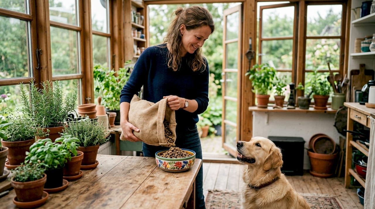 En kvinde fodrer sin hund med koldpresset hundemad