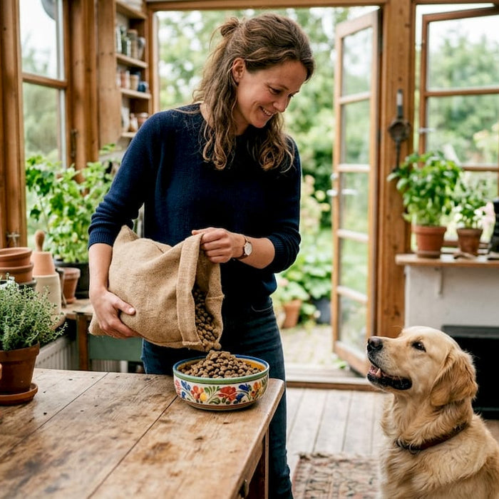 En kvinde fodrer sin hund med koldpresset hundemad