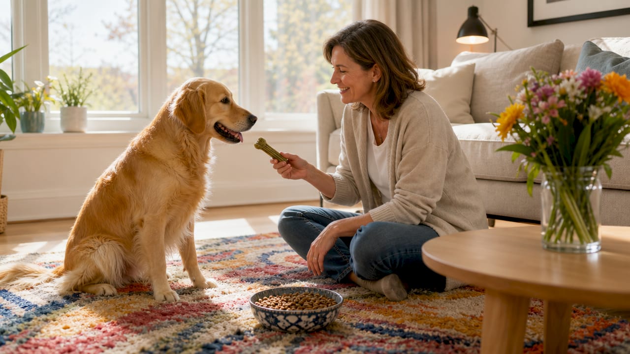 Hunden tager glad imod en tandrensende godbid fra kvinden.