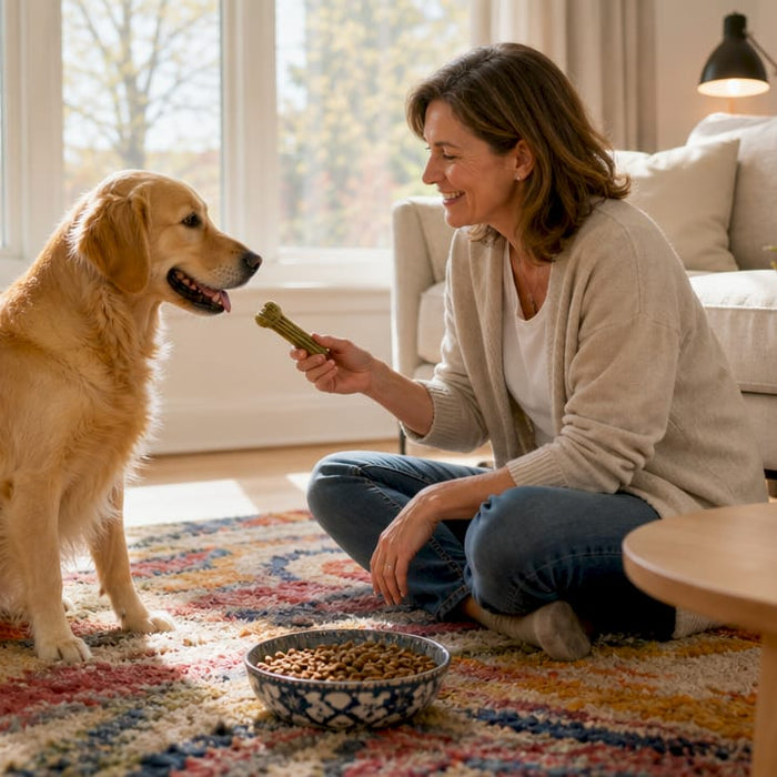 Hunden tager glad imod en tandrensende godbid fra kvinden.