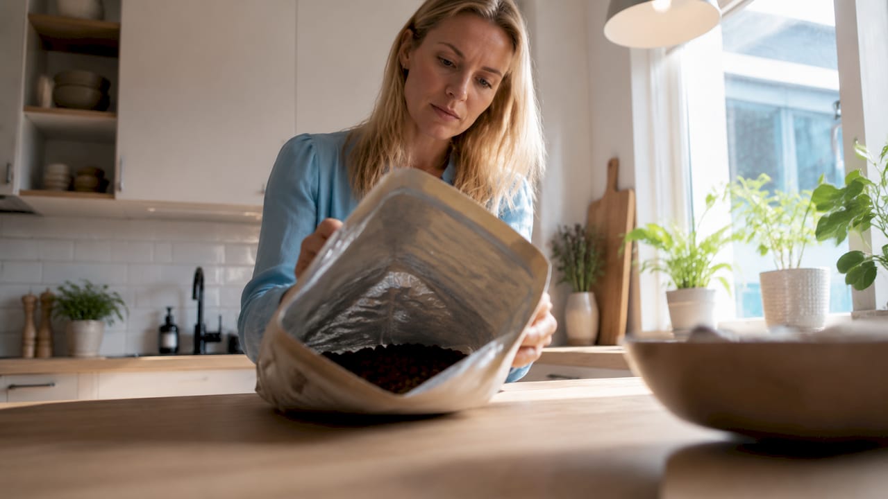 Hundeejer tjekker ingredienslisten på posen med hundefoder