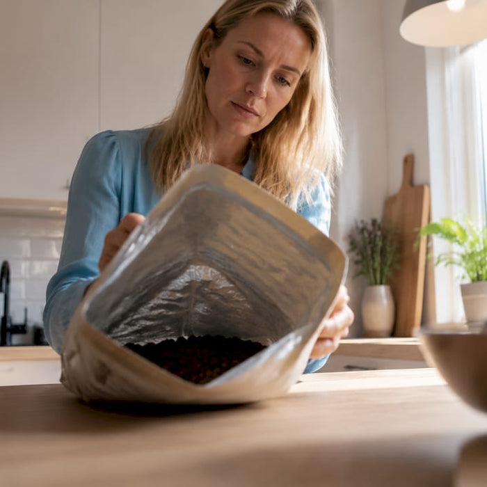 Hundeejer tjekker ingredienslisten på posen med hundefoder