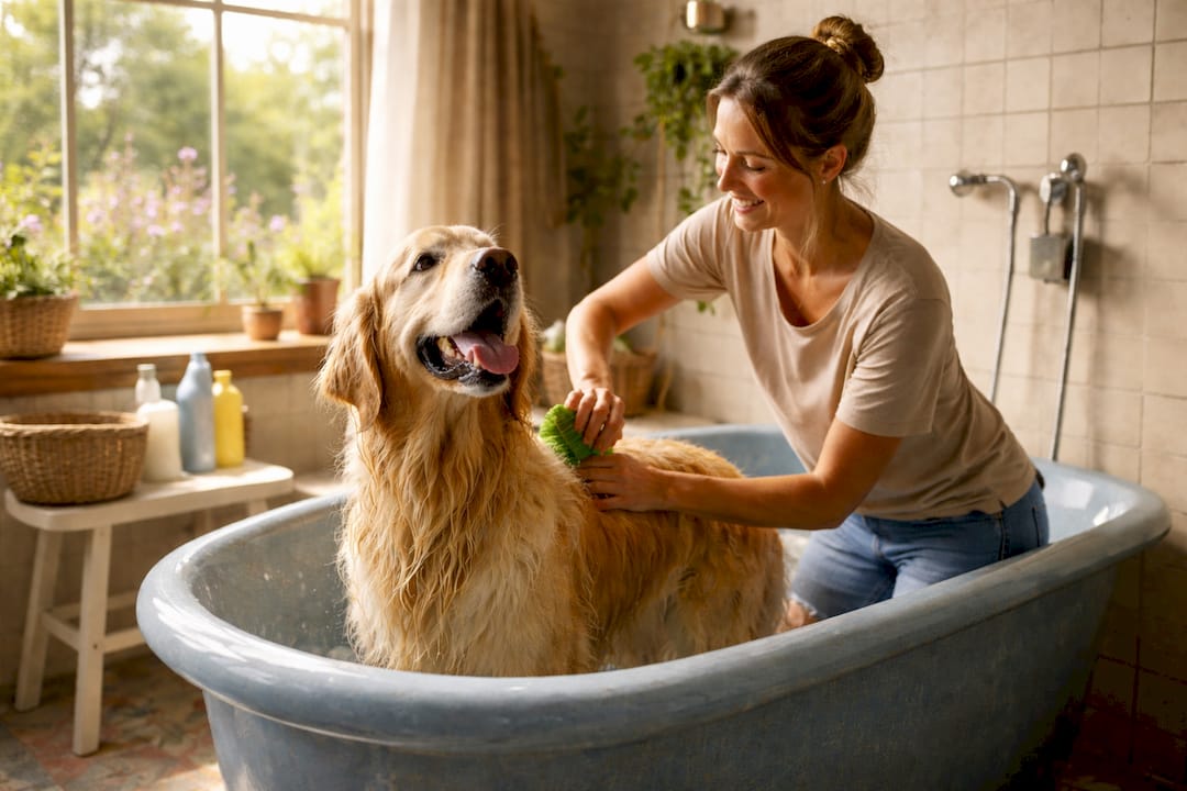 En kvinde giver sin hund en grundig børstning, mens den står i badekarret.