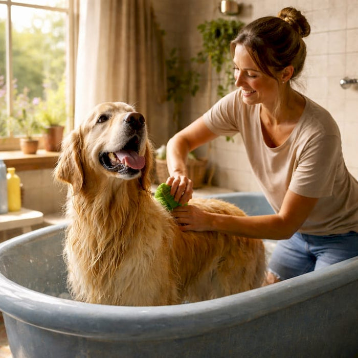 En kvinde giver sin hund en grundig børstning, mens den står i badekarret.