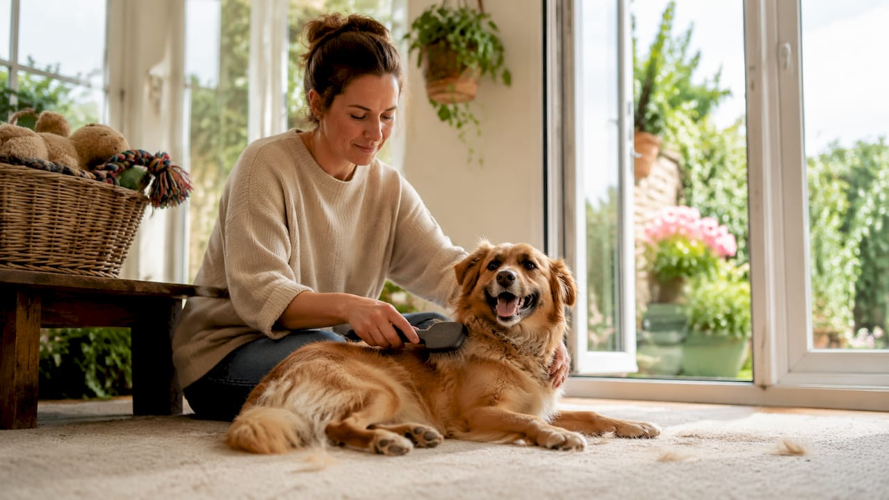 En kvinde sidder derhjemme og børster sin hunds pels
